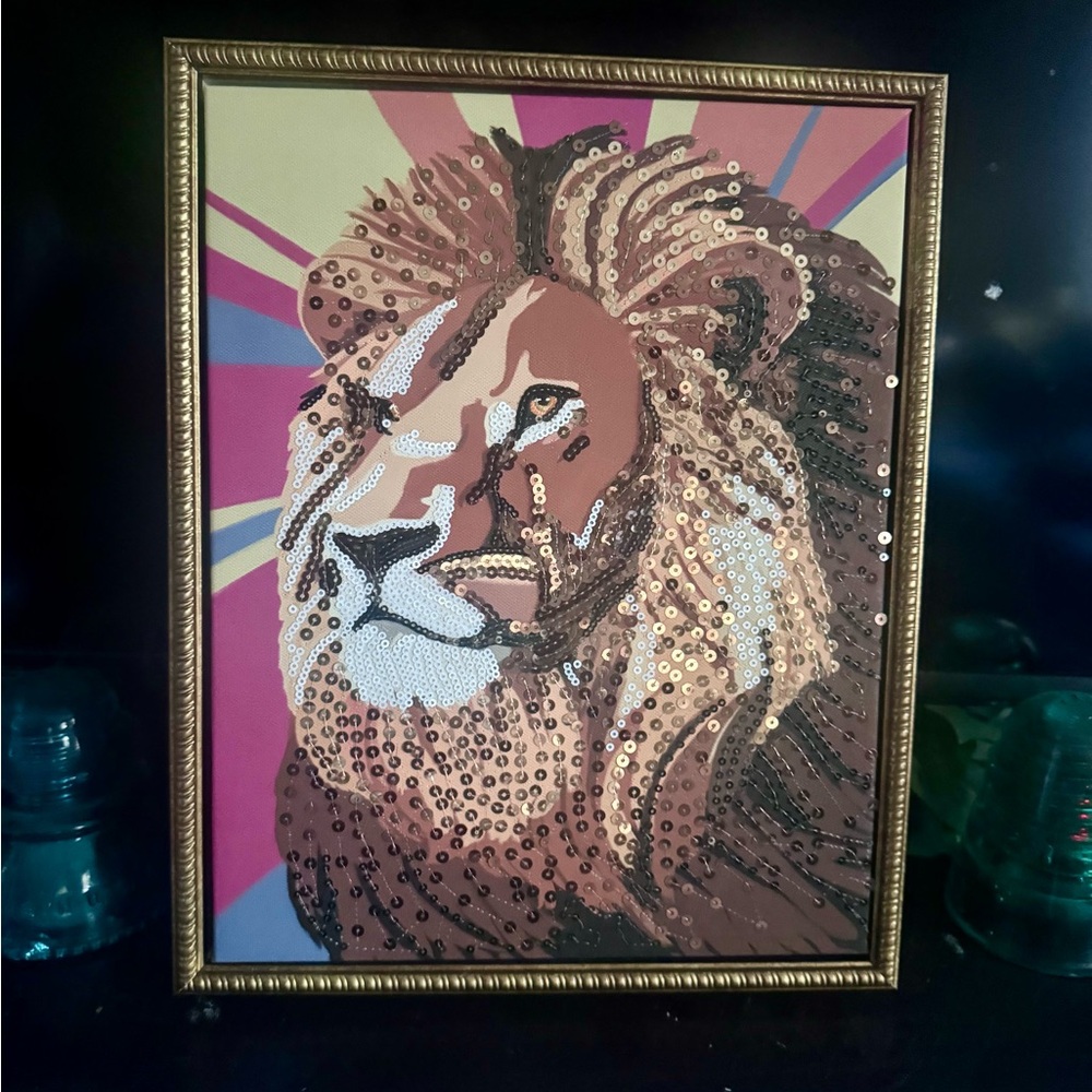 Sequin Lion Wall Art - Brown, Gold, Pink